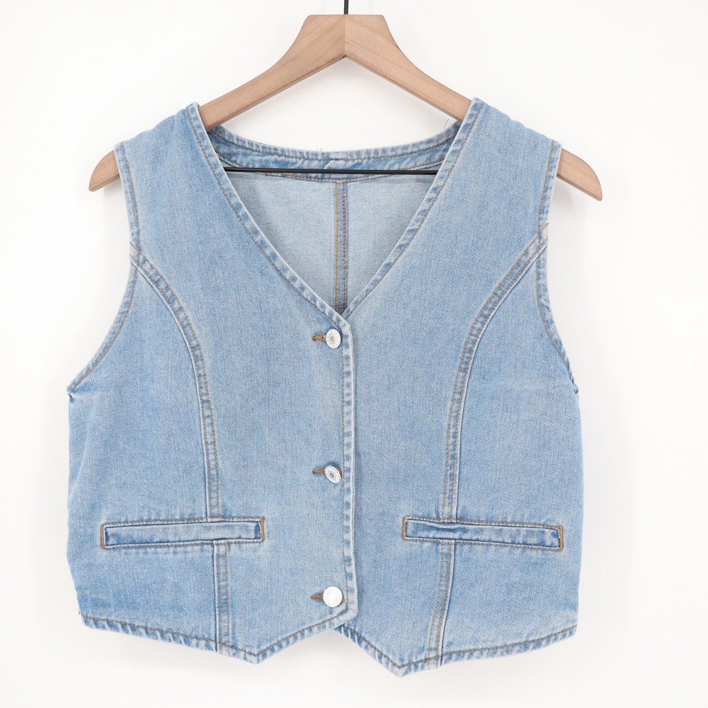 Imily Bela Vest Womens Large Light Blue Denim Cotton Front Button V-Neck Pockets